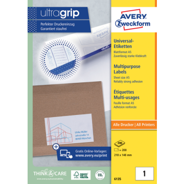 Etiket Avery Zweckform 6135 210x148mm wit 200stuks