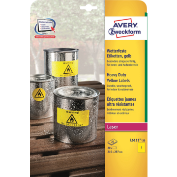 Etiket Avery Zweckform L6111-20 210x297mm geel 20stuks