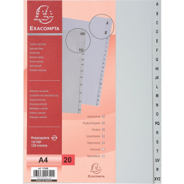 Exacompta tabbladen voor ft A4, uit PP, van A tot Z, 20 tabs, grijs
