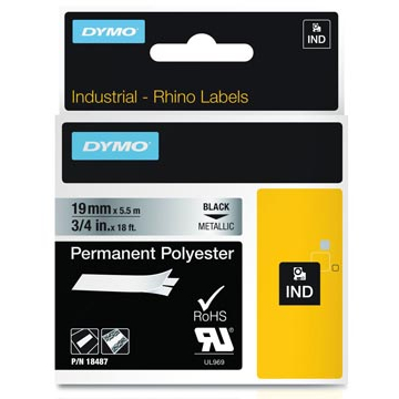 Dymo RHINO tape permanent polyester 19 mm, zwart op metaal