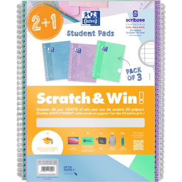 Oxford School collegeblok, ft A4+, gelijnd, 23-gaats, 80 vel, pastel assorti, 2+1 gratis, Scratch & Win