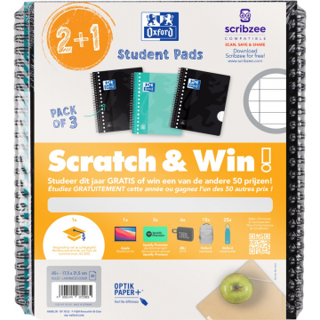 Oxford School collegeblok, ft A5+, gelijnd, 17-gaats, 80 vel, assorti, 2+1 gratis, Scratch & Win