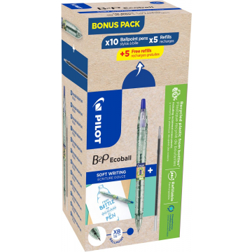 Pilot Ecoball B2P BeGreen balpen, large, blauw, doos van 10 stuks + 10 navullingen
