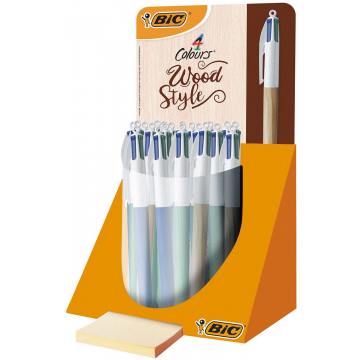 Bic 4 Colours Wood, balpen, medium, 4 klassieke inktkleuren, display van 30 stuks