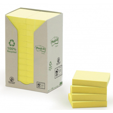 Post-it Notes gerecycleerd, ft 38 x 51 mm, geel, 100 vel, pak van 24 blokken