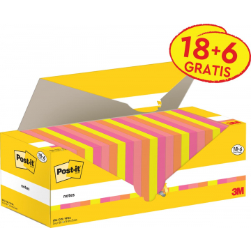 Post-it Notes, 100 vel, ft 76 x 76 mm, assorti, 18 blokken + 6 GRATIS
