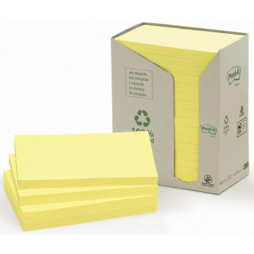 Post-it Notes gerecycleerd, ft 76 x 127 mm, geel, 100 vel, pak van 16 blokken