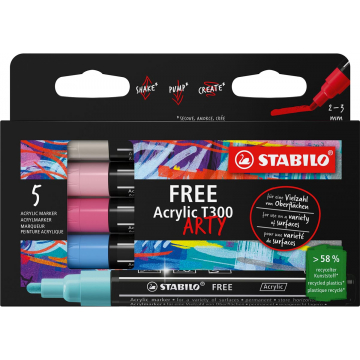 STABILO Free acrylmarker T300 Candy, ronde punt, 2-3 mm, geassorteerde kleuren, pak van 5 stuks