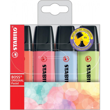 Stabilo Boss Original markeerstift, etui met 4 stuks in geassorteerde pastel kleuren
