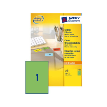 Etiket Avery Zweckform 3472 210x297mm A4 groen 100stuks