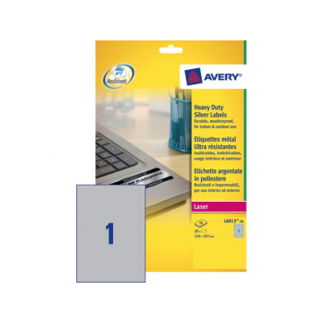 Etiket Avery L6013-20 210x297mm zilver 20stuks