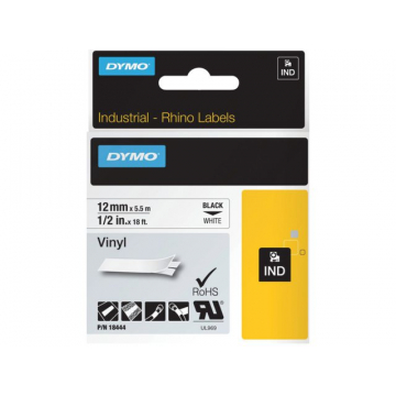 Labeltape Dymo Rhino 18444 vinyl 12mm x5.5m zwart op wit