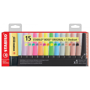 STABILO BOSS markeerstift pastel en natuur, geassorteerde kleuren met zwart, deskset van 15 stuks