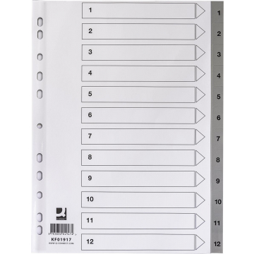 Q-CONNECT tabbladen, A4, PP, 11-gaatsperforatie, met indexblad, set van 1-12, grijs