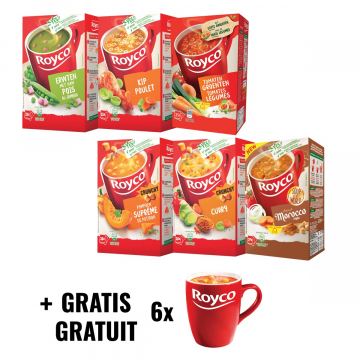 ACTIE ROYCO: erwten + kip + tomaten gr + pompoensuprême + curry + Morrocan Style + GRATIS 6 mokken