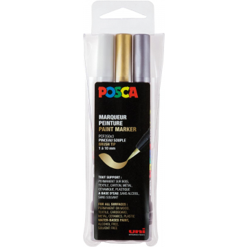 Posca paintmarker PCF-350, brush tip, étui van 3 stuks, assorti (goud, zilver en wit)