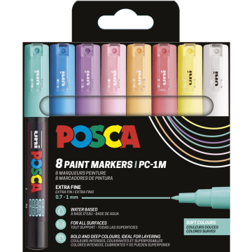 Uni POSCA paintmarker PC-1MC, 0,7 - 1 mm, etui van 8 stuks in geassorteerde zachtekleuren