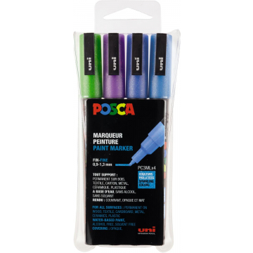 Posca paintmarker PC-3M, set van 4 markers, glitter, paars-groen-lichtblauw-donkerblauw