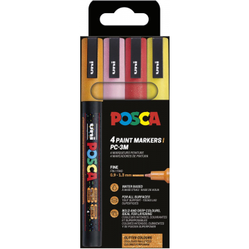 Uni POSCA paintmaker PC-3ML, 1,5 mm, glitter, etui van 4 stuks oranje, roze, rood en geel