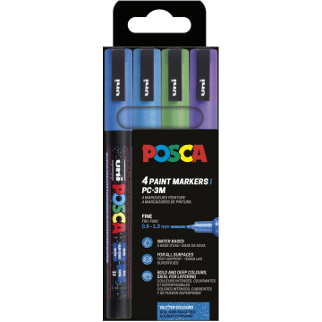 Uni POSCA paintmaker PC-3ML, 1,5 mm, glitter, etui van 4 stuks donkerblauw, lichtblauw, groen en violet