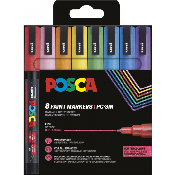 Uni POSCA paintmaker PC-3ML, 1,5 mm, glitter, etui van 8 stuks in geassorteerde kleuren