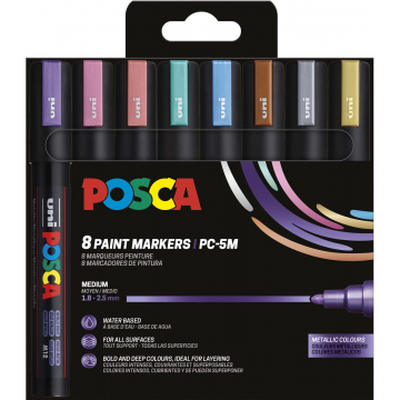 Uni POSCA paintmarker PC-5M, 1,8 - 2,5 mm, etui van 8 stuks in metallic kleuren