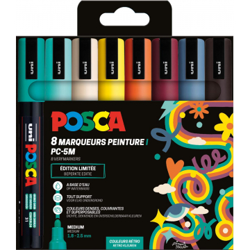 Uni POSCA paintmarker PC-5M, 1,8 - 2,5 mm, etui van 8 stuks in geassorteerde Retro kleuren