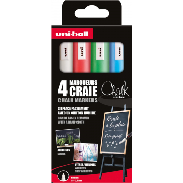 Uni-ball krijtmarker, ronde punt 1,8 - 2,5 mm, etui van 4 stuks, assorti