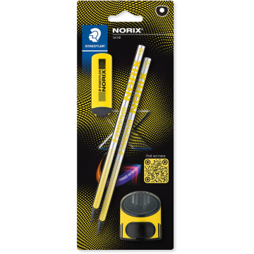 Staedtler grafietpotlood Norix, met slijper en gom, geel, blister van 2 stuks