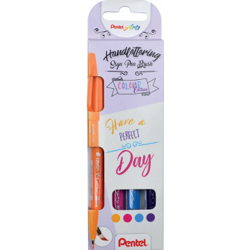 Pentel brushpen Sign Pen Brush Touch, kartonnen etui met 4 stuks: oranje, roze, turkoois en paars