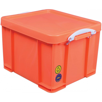 Really Useful Box opbergdoos 35 liter, neon oranje met witte handvaten