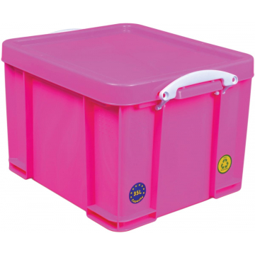 Really Useful Box opbergdoos 35 liter, neon roze met witte handvaten