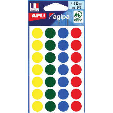 Agipa ronde etiketten in etui diameter 15 mm, geassorteerde kleuren, 140 stuks, 28 per blad