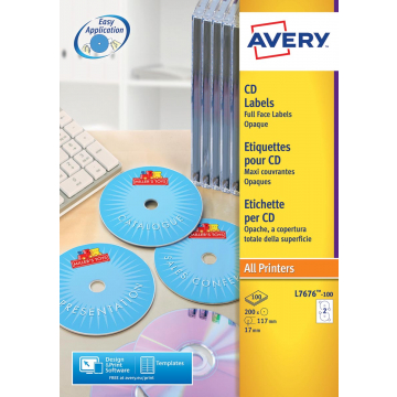 Avery Full size laser etiketten voor CD/DVD 200 stuks, doos van 100 blad