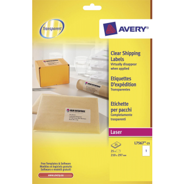 Avery transparante etiketten QuickPEEL ft 210 x 297 mm (b x h), 25 stuks, 1 per blad