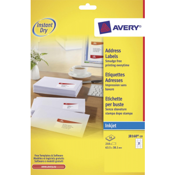 Avery Witte etiketten QuickDry doos van 10 blad, ft 63,5 x 38,1 mm (b x h), 210 stuks, 21 per blad Me...