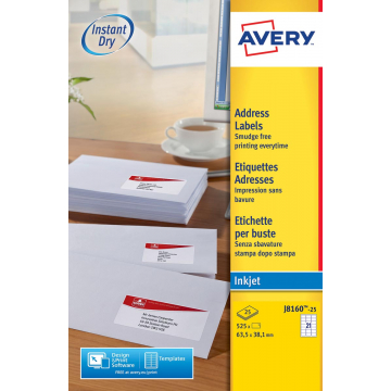 Avery Witte etiketten QuickDry doos van 25 blad, ft 63,5 x 38,1 mm(b x h), 525 stuks, 21 per blad Me...