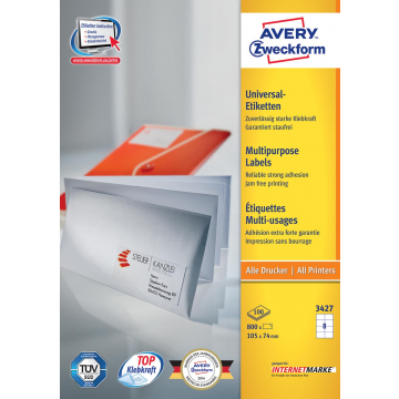 Avery witte etiketten QuickPeel Ft 105 x 74 mm (b x h), 800 stuks, 8 per blad, doos van 100 blad