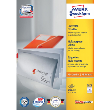 Avery witte etiketten QuickPeel Ft 70 x 36 mm (b x h), 2.400 stuks, 24 per blad, doos van 100 blad
