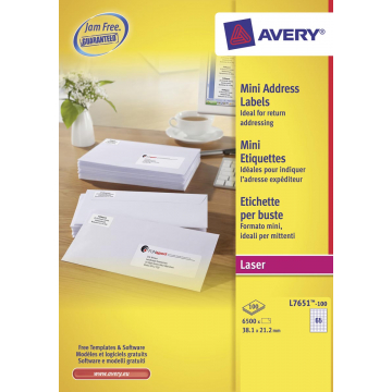Avery witte laseretiketten QuickPeel doos van 100 blad ft 38,1 x 21,2 mm (b x h), 6500 stuks, 65 per blad