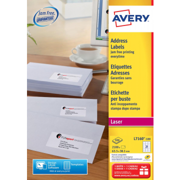 Avery witte laseretiketten QuickPeel doos van 100 blad ft 63,5 x 38,1 mm (b x h), 2100 stuks, 21 per blad