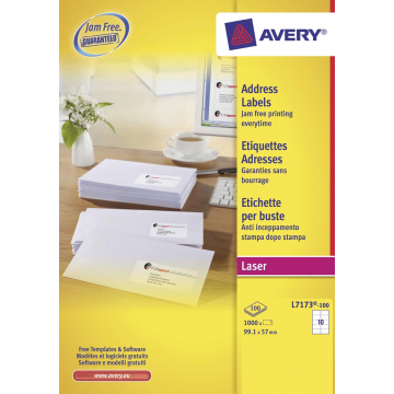 Avery witte laseretiketten QuickPeel doos van 100 blad ft 99,1 x 57 mm (b x h), 1.000 stuks, 10 per blad