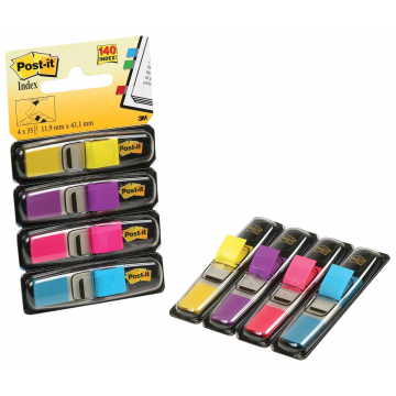 Post-it Index Smal, geassorteerde kleuren: geel, roze, paars, helderblauw