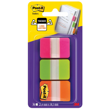 Post-it Index Strong, , ft 25,4 x 38 mm, blister met 3 kleuren (roze, groen en oranje), 12 tabs per kleur
