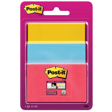Post-it Super Sticky notes, 3 formaten, geassorteerde kleuren, blok van 45 vel, op blister