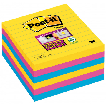 Post-it Super Sticky Notes, kleurenset Rio, ft 101 x 101 mm, gelijnd, 90 blaadjes