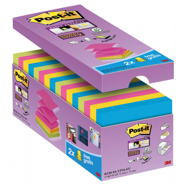 Post-it Super Sticky Z-Notes, ft 76 x 76 mm, geassorteerde kleuren, 90 vel, pak van 12 + 4 gratis