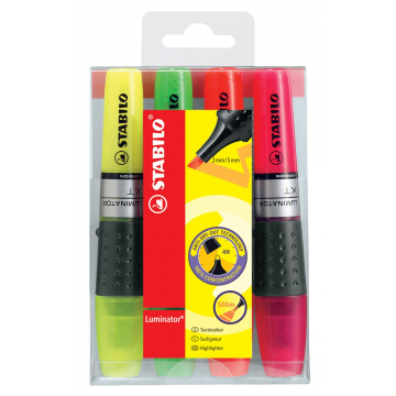 Stabilo Markeerstift Luminator etui van 4 stuks in geassorteerde kleuren: geel, groen, oranje en roze