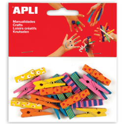 Apli gekleurde houten wasknijpers met motief, blister met 20 stuks in geassorteerde kleuren