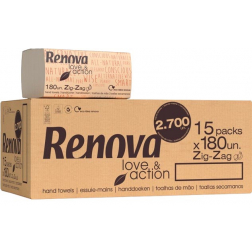 Renova Love & Action papieren handdoeken, Z-vouw, 2-laags, 180 vellen, pak van 15 stuks
